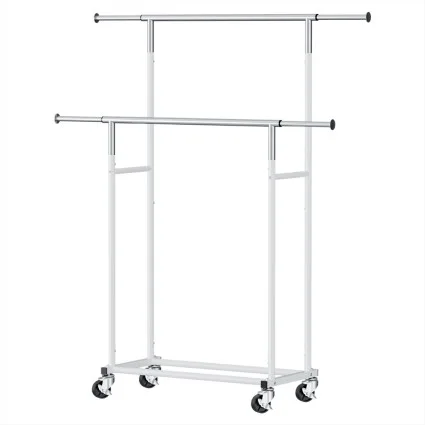 Artiss Heavy Duty Double Rod Clothes Rack, Adjustable Metal Coat Stand with Wheels, Collapsible, 78–136cm, Silver
