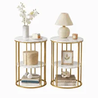 Artiss Round Side Table Set of 2 40cm White and Gold Marble Effect Two Tier Bedside Coffee Tables