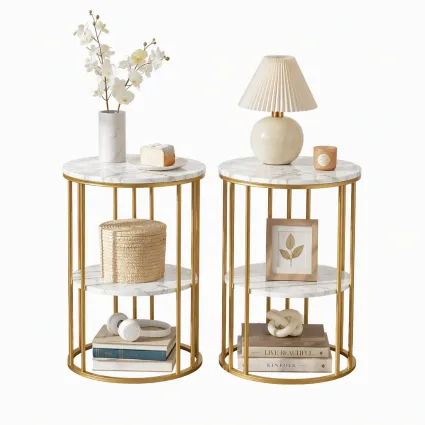 Artiss Round Side Table Set of 2 40cm White and Gold Marble Effect Two Tier Bedside Coffee Tables