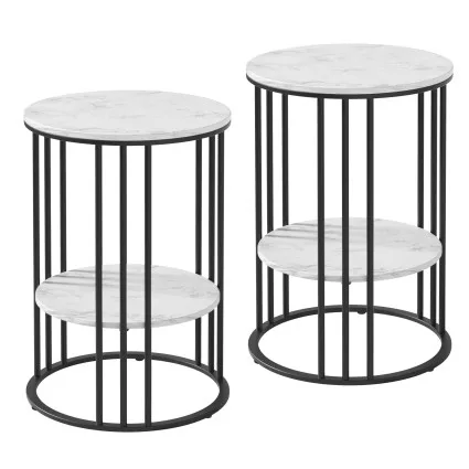 Artiss Set of 2 Side Tables 2-Tier Round Marble Effect Coffee Tables White Black Metal Frame MDF Top
