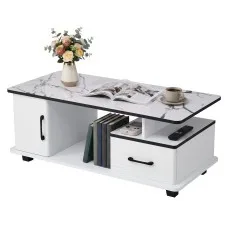 Artiss Coffee Table 100cm Rectangular Marble Finish Storage Drawer Cabinet Open Shelves White & Black