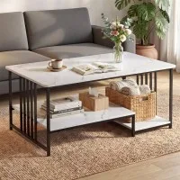 Artiss Coffee Table 100cm White & Black Faux Marble 2-Tier Storage Centre Table