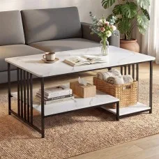 Artiss Coffee Table 100cm White & Black Faux Marble 2-Tier Storage Centre Table