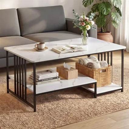 Artiss Coffee Table 100cm White & Black Faux Marble 2-Tier Storage Centre Table