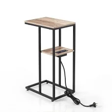 Artiss C-Shaped End Table Charging Station 2-Tier 40 x 26 x 65cm with USB Type-C Wood Black Side Table