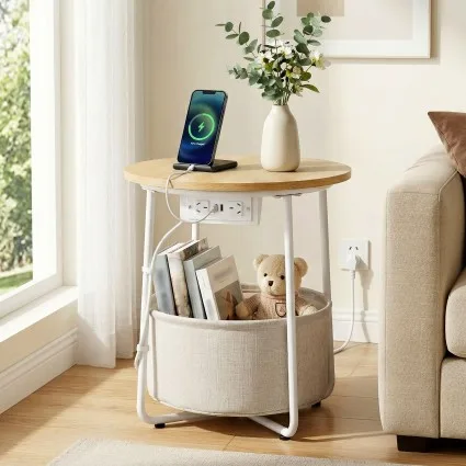 Artiss Round Coffee Table Side End Table 45cm with Built in Charging Station and Storage Basket 35kg