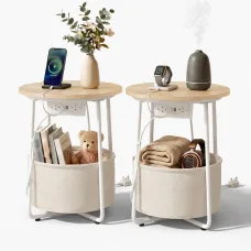 Artiss Set of 2 Round Side Tables 45cm with Charging Station and Storage Basket Wood and White