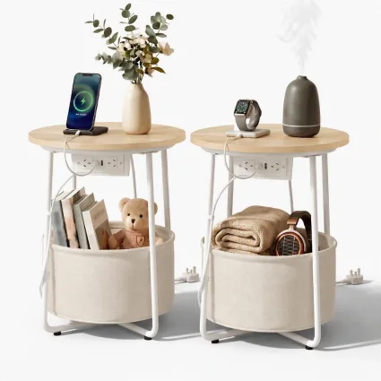 Artiss Set of 2 Round Side Tables 45cm with Charging Station and Storage Basket Wood and White