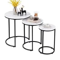 Artiss Nesting Coffee Table Set of 3 Round Stackable Marble Finish White Tables with Black Metal Frames