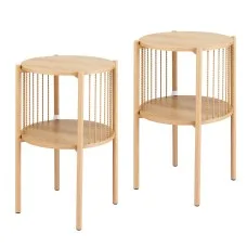 Artiss Set of 2 Round End Tables Pine 2‑Tier Side Tables Straw Rope Metal Detail 39x65cm Compact Boho