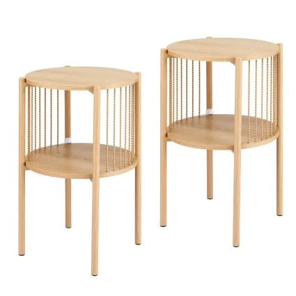 Artiss Set of 2 Round End Tables Pine 2‑Tier Side Tables Straw Rope Metal Detail 39x65cm Compact Boho