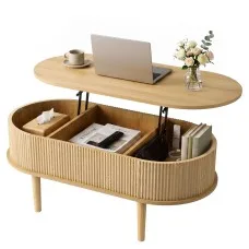 Artiss 100cm Oval Lift Top Coffee Table with Hidden Storage Pop-Up Desk and Natural Fluted Finish