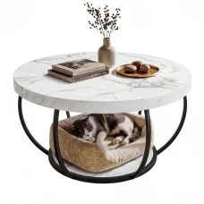 Artiss 2-Tier Round Coffee Table 80cm Marble Finish White Black Double Storage Stable Metal Frame 80cm