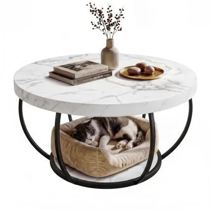 Artiss 2-Tier Round Coffee Table 80cm Marble Finish White Black Double Storage Stable Metal Frame 80cm