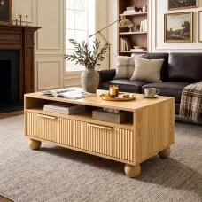 Artiss 90cm Coffee Table with Two Fluted Drawers Open Shelf and Spherical Solid Legs Pine Wood Finish