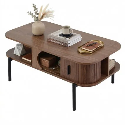 Artiss Modern Living Room Coffee Table with Fluted Panel, Open Shelves and Storage Cabinets Walnut 100cm