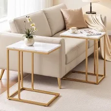 Artiss C Shaped Side Table Set of 2 45 x 30 x 54cm White Faux Marble Top Gold Metal Frame for Sofa or Bed