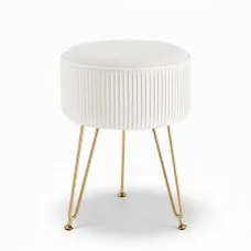 Artiss Velvet Ottoman Foot Stool, Round White with Gold Legs, 33x33x46cm, MDF Frame, High-Resilience Foam Padding