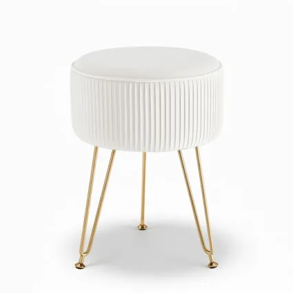 Artiss Velvet Ottoman Foot Stool, Round White with Gold Legs, 33x33x46cm, MDF Frame, High-Resilience Foam Padding