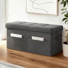 Artiss Foldable Storage Ottoman Footstool - Faux Linen Fabric, 76x38cm, Hidden Storage, 300kg Capacity, Grey
