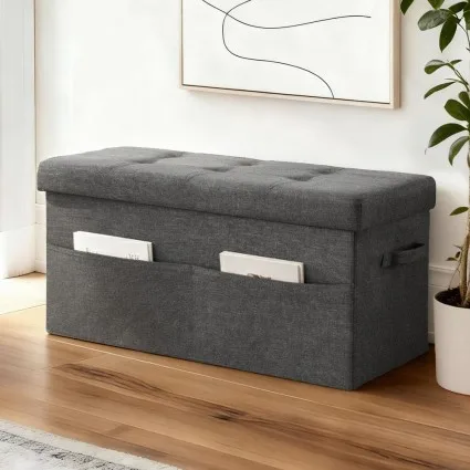 Artiss Foldable Storage Ottoman Footstool - Faux Linen Fabric, 76x38cm, Hidden Storage, 300kg Capacity, Grey