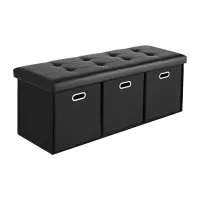 Artiss Storage Ottoman 3 Cube Drawers Foldable Footstool Seat PU Leather Faux Linen Black 102cm x 39cm