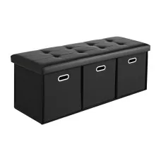 Artiss Storage Ottoman 3 Cube Drawers Foldable Footstool Seat PU Leather Faux Linen Black 102cm x 39cm