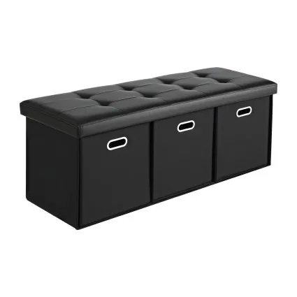 Artiss Storage Ottoman 3 Cube Drawers Foldable Footstool Seat PU Leather Faux Linen Black 102cm x 39cm