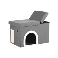 Artiss Storage Ottoman Foot Stool Cat Litter Box Enclosure Foldable with Scratcher Faux Linen Grey for Indoor Cats