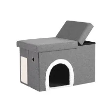 Artiss Storage Ottoman Foot Stool Cat Litter Box Enclosure Foldable with Scratcher Faux Linen Grey for Indoor Cats