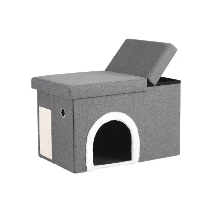 Artiss Storage Ottoman Foot Stool Cat Litter Box Enclosure Foldable with Scratcher Faux Linen Grey for Indoor Cats