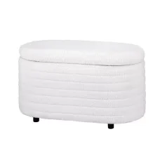 Artiss Storage Ottoman Blanket Box 87cm Bouclé Fabric Oval, White, Padded Seat, Hinged Lid, Bedroom Organiser