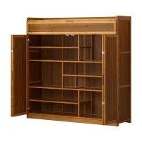 Artiss Bamboo Shoe Rack Cabinet 7 Tier 30 Pair Storage Cupboard Natural 117x33x115cm MDF Frame Magnetic Doors