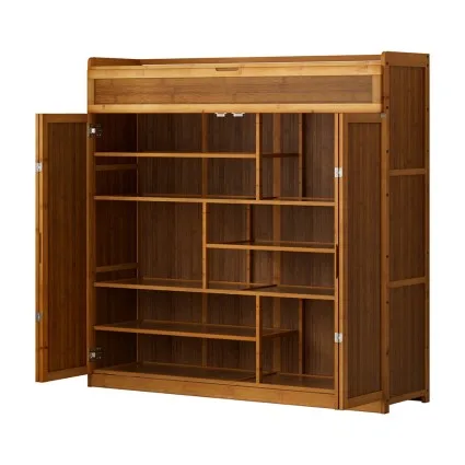 Artiss Bamboo Shoe Rack Cabinet 7 Tier 30 Pair Storage Cupboard Natural 117x33x115cm MDF Frame Magnetic Doors