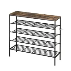 Artiss Bob 5-Tier Shoe Rack Walnut and Black Holds Up to 25 Pairs Industrial Metal Frame Particleboard Top
