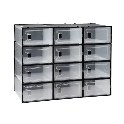Artiss Set of 12 Stackable Shoe Storage Boxes Black Transparent PP Plastic with Easy-Open Doors and Ventilation