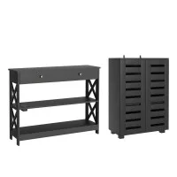Artiss 2‑Piece Black Console Table with Charging Station and Ventilated Shoe Cabinet Set 100x30x80cm