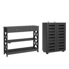 Artiss 2‑Piece Black Console Table with Charging Station and Ventilated Shoe Cabinet Set 100x30x80cm