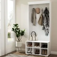 Artiss Max Hall Tree: 180cm White Shoe Rack Cabinet with Coat Hooks, Bench, Curved Edges, and Anti-Tipping Design