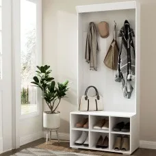 Artiss Max Hall Tree: 180cm White Shoe Rack Cabinet with Coat Hooks, Bench, Curved Edges, and Anti-Tipping Design