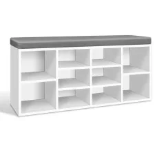Artiss Shoe Rack Storage Cabinet Bench, Particle Board, White/Grey, 102x30x48cm, 10 Compartments, Cushioned Seat