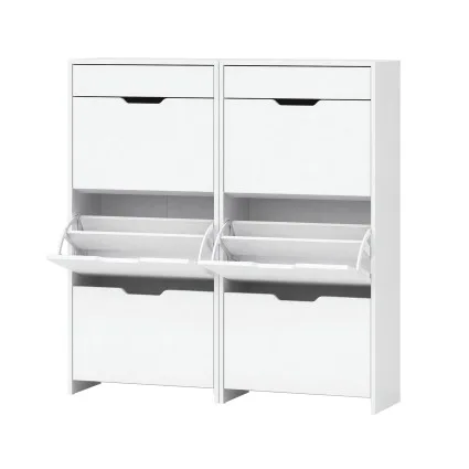Artiss 2x Shoe Cabinet Organiser 3 Flip Drawer High Gloss White Slim 24cm Depth 2 Pack 62x24x126cm