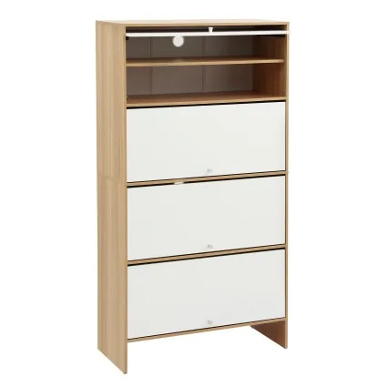 Artiss 8-Tier Narrow Shoe Cabinet White and Pine 80 x 35 x 154 cm Slim Hallway Storage Unit 4 Flip Doors