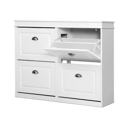 Artiss 4-Tier Shoe Rack Cabinet, White E1 MDF, Adjustable Shelves for 16 Pairs, Elegant Retro Handles, 105x24x82.5cm