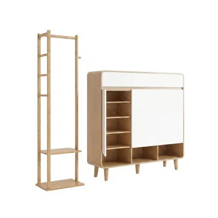 Artiss White Pine 2-Piece Entryway Storage Set Shoe Cabinet and Bamboo Clothes Rack 120cm Cabinet 30 Pairs