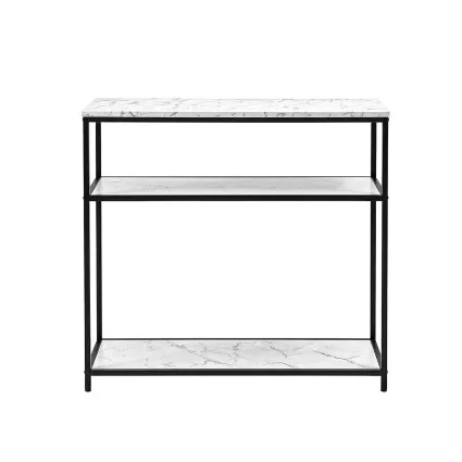 Artiss 90cm Console Table Marble Effect 3‑Tier Slim Hallway Side Table White Black Frame 30KG Capacity