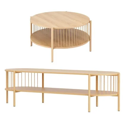 Artiss 2‑Piece Pine TV Unit and Coffee Table Set Rustic Rope‑Profile Metal Bars 148cm TV Cabinet 74cm Table