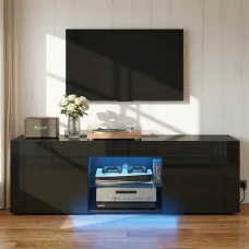 Artiss 130cm Black LED TV Cabinet Unit with RGB Lighting, Push-to-Open, High-Gloss Finish, Tempered Glass Shelves
