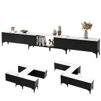Artiss Extendable TV Unit 240-340cm with 4 Drawers, 80kg Top, 9 Metal Legs, Marble-Effect Black