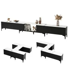 Artiss Extendable TV Unit 240-340cm with 4 Drawers, 80kg Top, 9 Metal Legs, Marble-Effect Black